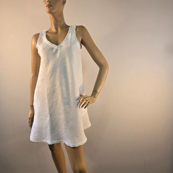 Julie Miles A-Line Frill Linen Dress Womens Medium White Sleeveless - Picture 4 of 13